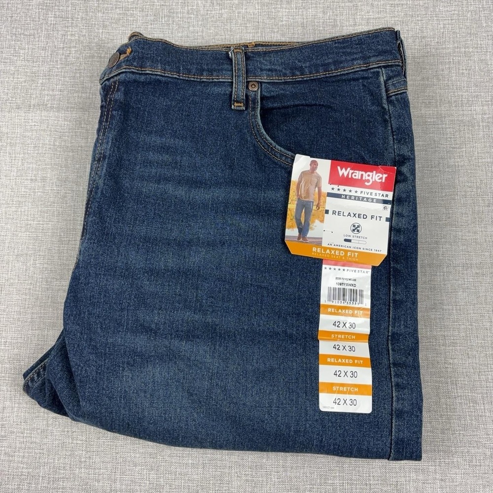 Wrangler Five Star Heritage Jeans Mens 42x30 Blue Dark Wash Relaxed Straight